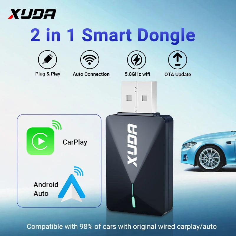 

XUDA Новый мини-адаптер 2 в 1 для беспроводного Carplay и Android Auto, проводный к беспроводу для 99% автомобилей с проводным Carplay/Android Auto
