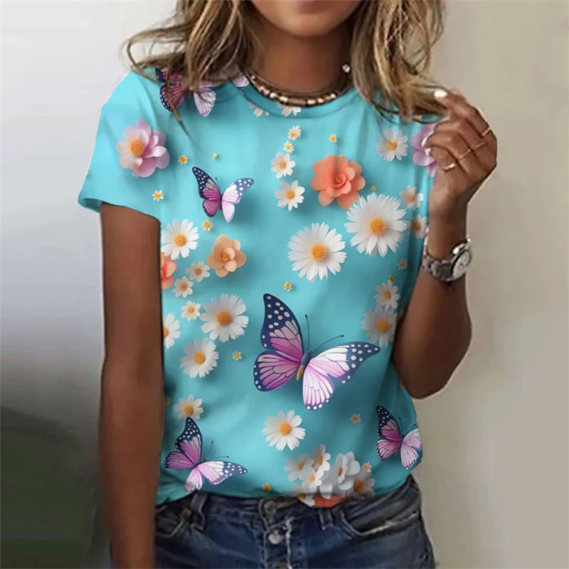 

Flower Rose T Shirt For Women Funny Colorful 3D Printed Tees Summer Oversized Tops Short Sleeves Round Neck T-Shirts Streetwear