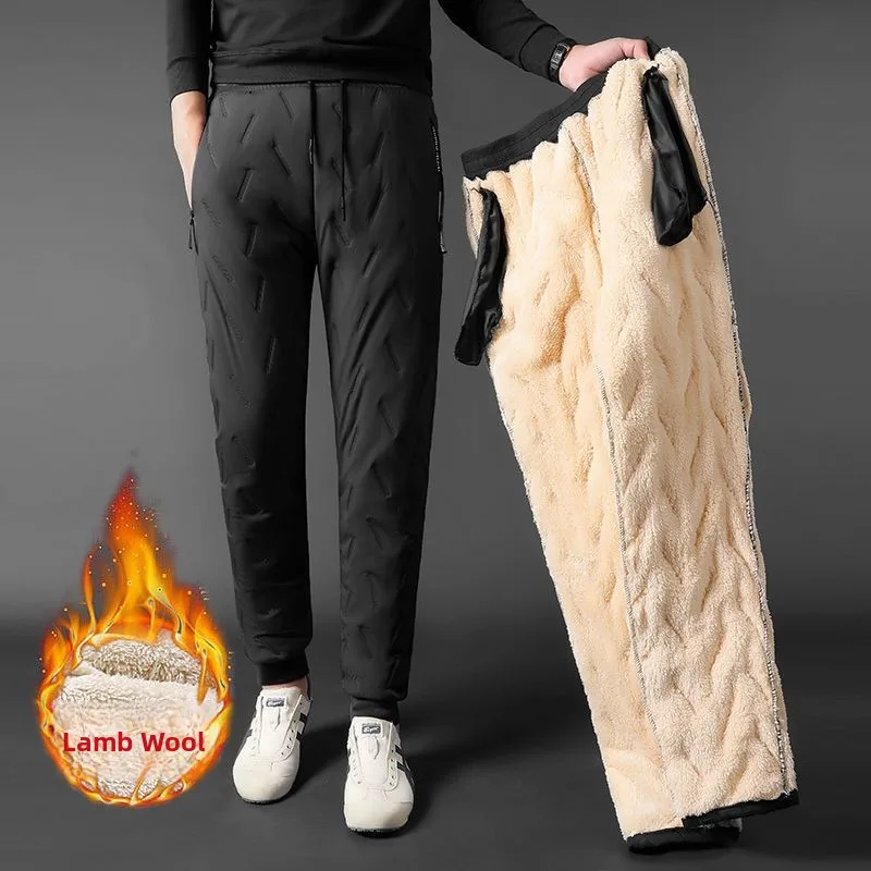 Men's Loose Fit Lamb Fur Lined Waterproof Windproof Winter Work Trousers Straight Leg Sports Pants Casual Youth Faion