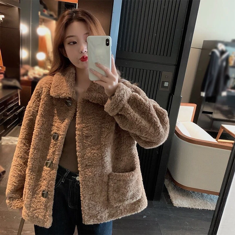 Autumn And Winter Loose Sweet Fashion Tops Versatile Short Style Imitation Lamb Fleece Long Sleeve Short Style Coats