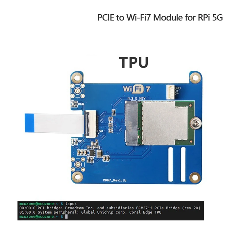 MPW7NA For Raspberry Pi 5 PCIE To M.2 E-Key Wifi7 Module+2 X Antenna BE200 Blue PCB Support Google TPU,Wif6e AX210,AX200 Adapter