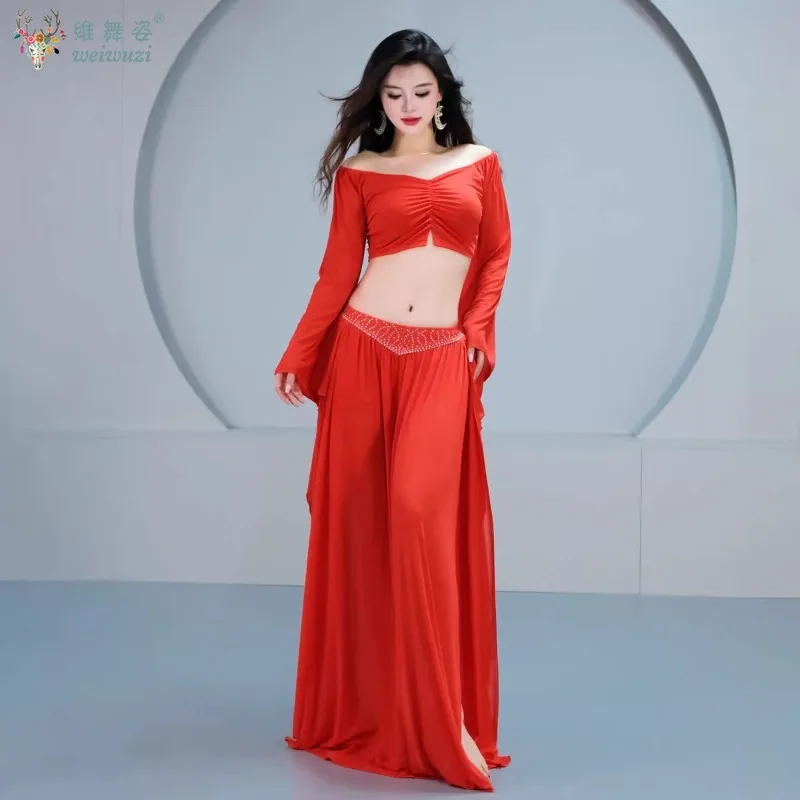 Conjunto de traje de danza del vientre para mujer, Top de manga larga + falda larga de malla con piedras AB, conjunto de ropa de danza del vientre Oriental para adultos, 2 uds.
