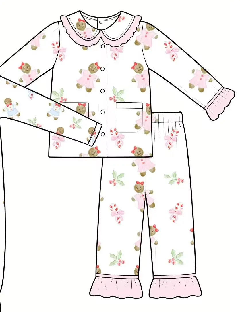 New Boy Girls Christmas Clothing Gingerbread Doll Candy Cane Baby Romper 2Pcs Pajamas Bath Robe Kids Xmas Set