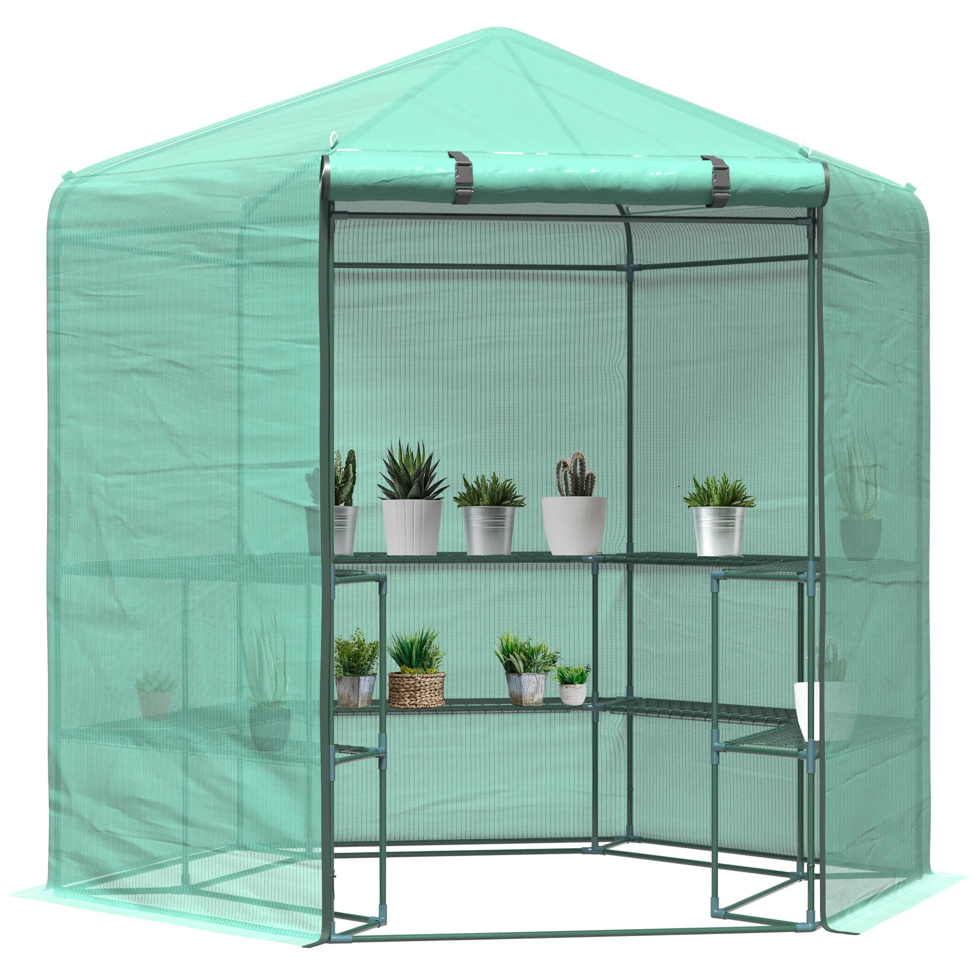 Hexagon Walk-in Greenhouse Garden Planter Flower Grow Zipper Door Φ196 X 215H cm