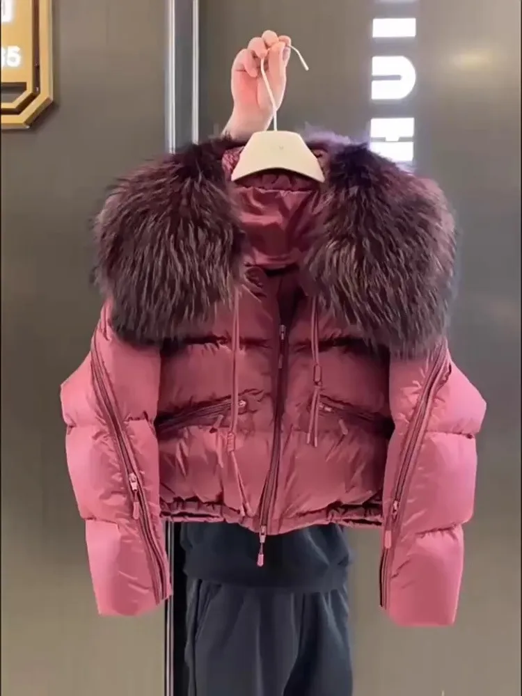 

Red Short Zipper Jacket Women's Winter Design Slimming Simple Warm Bread Coat Long Sleeve Top with Large Fur Collar