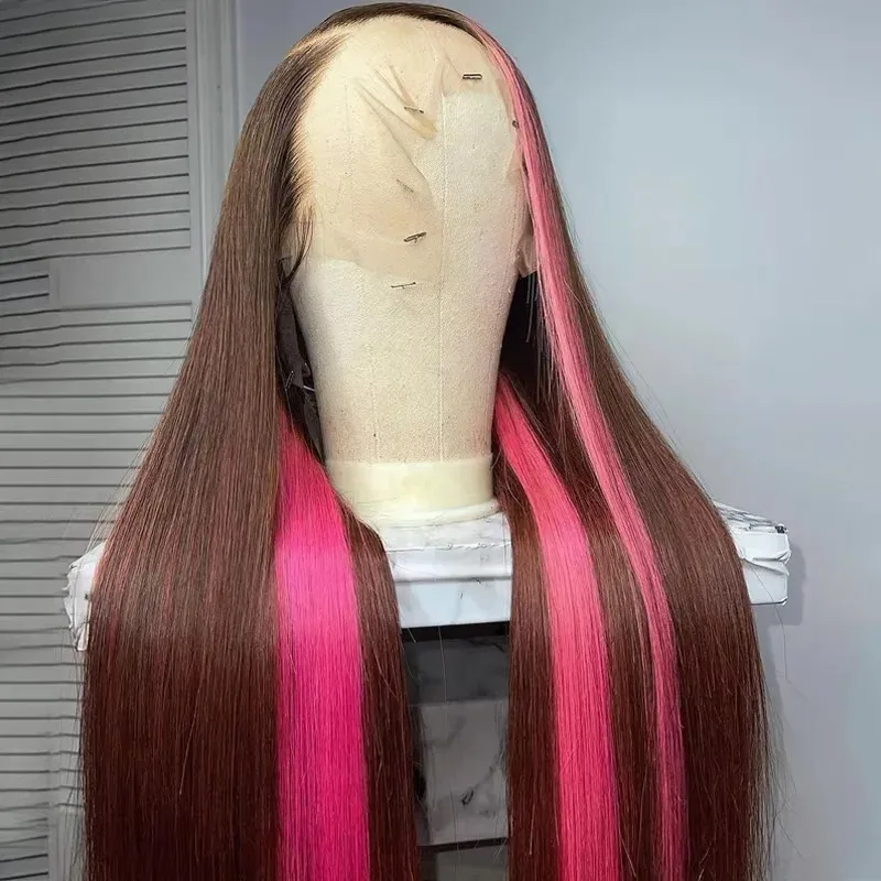 Perruque Lace Front Wig synthétique lisse à reflets bruns et roses, 13x4, HD, pre-plucked, sans colle, résistante à la chaleur au quotidien
