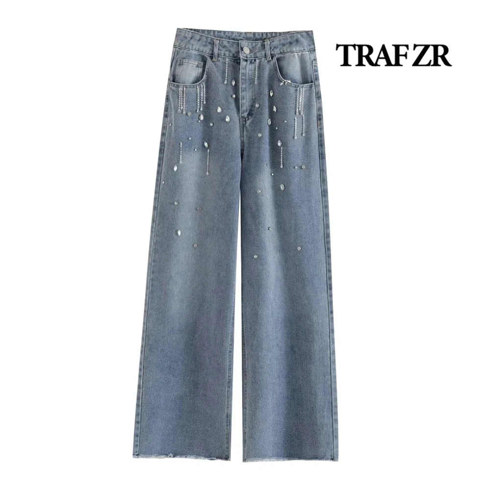 TRAF ZR Elegant Frayed Hem Jeans High Waist Straight Leg Denim Pants for Women Classic Five Pockets Jeans Derocated Rhinestone