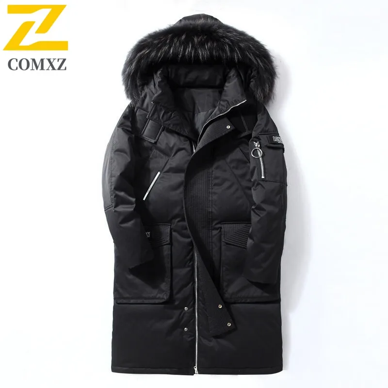 COMXZ Piumino invernale da uomo alla moda leggero caldo soffice collo di pelliccia con cappuccio piumino d'anatra bianco piumino lungo da sci da neve