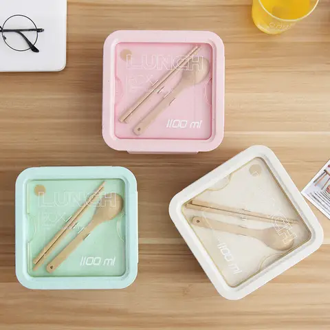 850/1100ml Wheat straw Japanese Lunch box Rectangle/square BPA Free Bento Boxes for Students Portable Food Storage Container