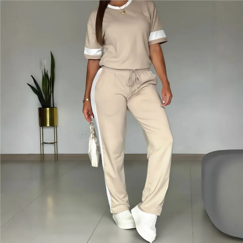 

Women's Short-sleeved Tops And Trousers Two-piece Solid Color Striped Contras Color 2026 Summer New Casual Fashion Women's Suit