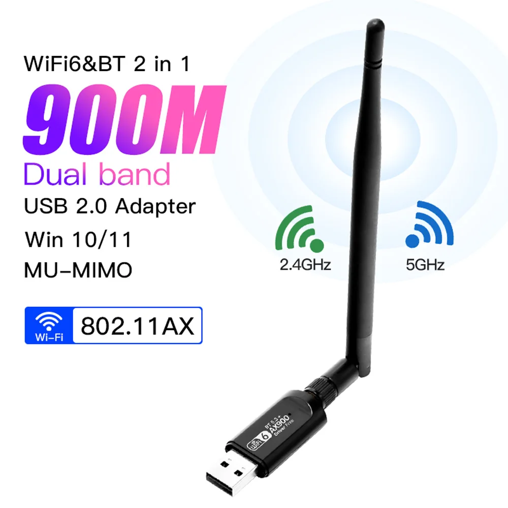 

WiFi 6 AX900 USB Adapter Dual band 2.4G&5Ghz Bluetooth 5.3 5dbi Antenna USB Dongle Receiver Free Driver 900Mbps For Win 10/11