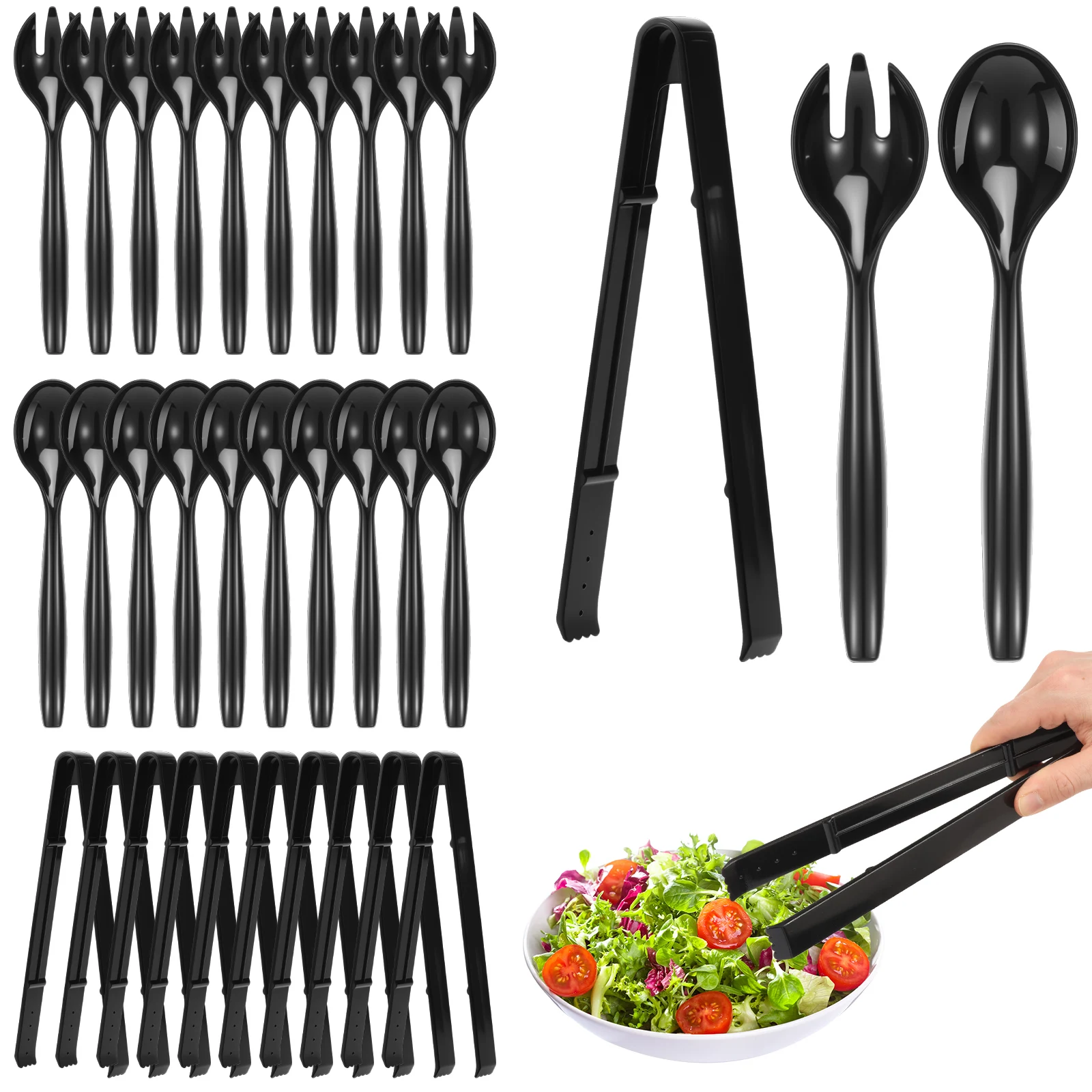 

Набор из 30 пластиковых столовых приборов: большие ложки, вилки, щипцы для подачи еды, прочные, черные, для вечеринок и фуршетов