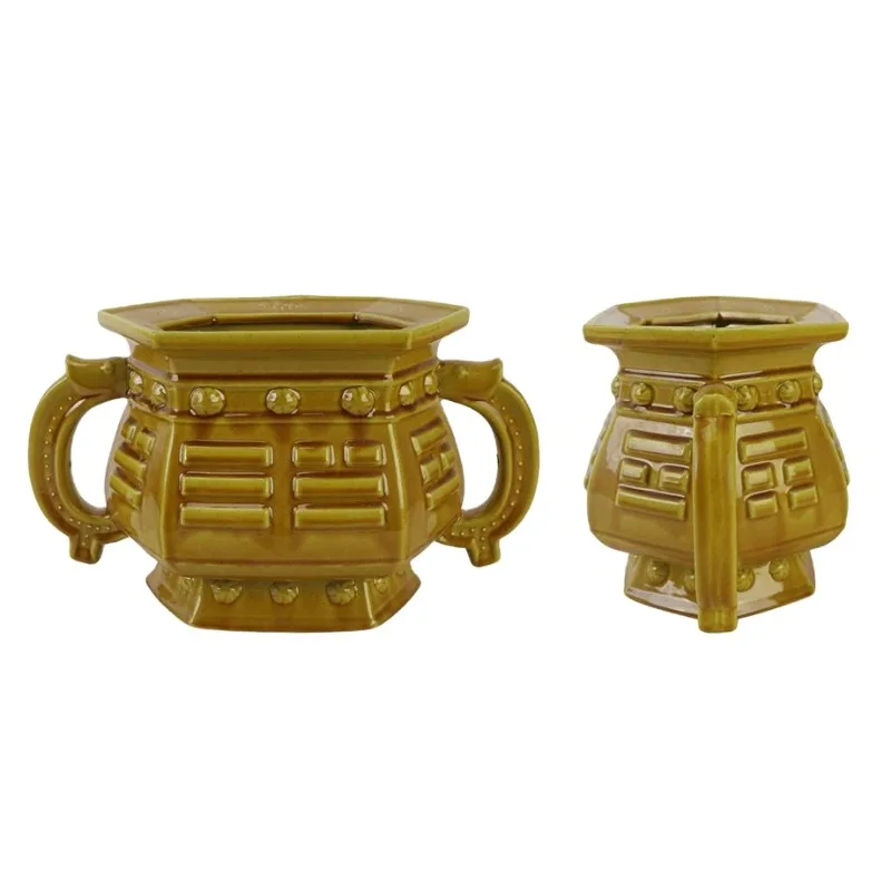 Yellow glazed ceramic incense burner, double-sided carved basin and bowl, environmentally friendly and durable home decoration
