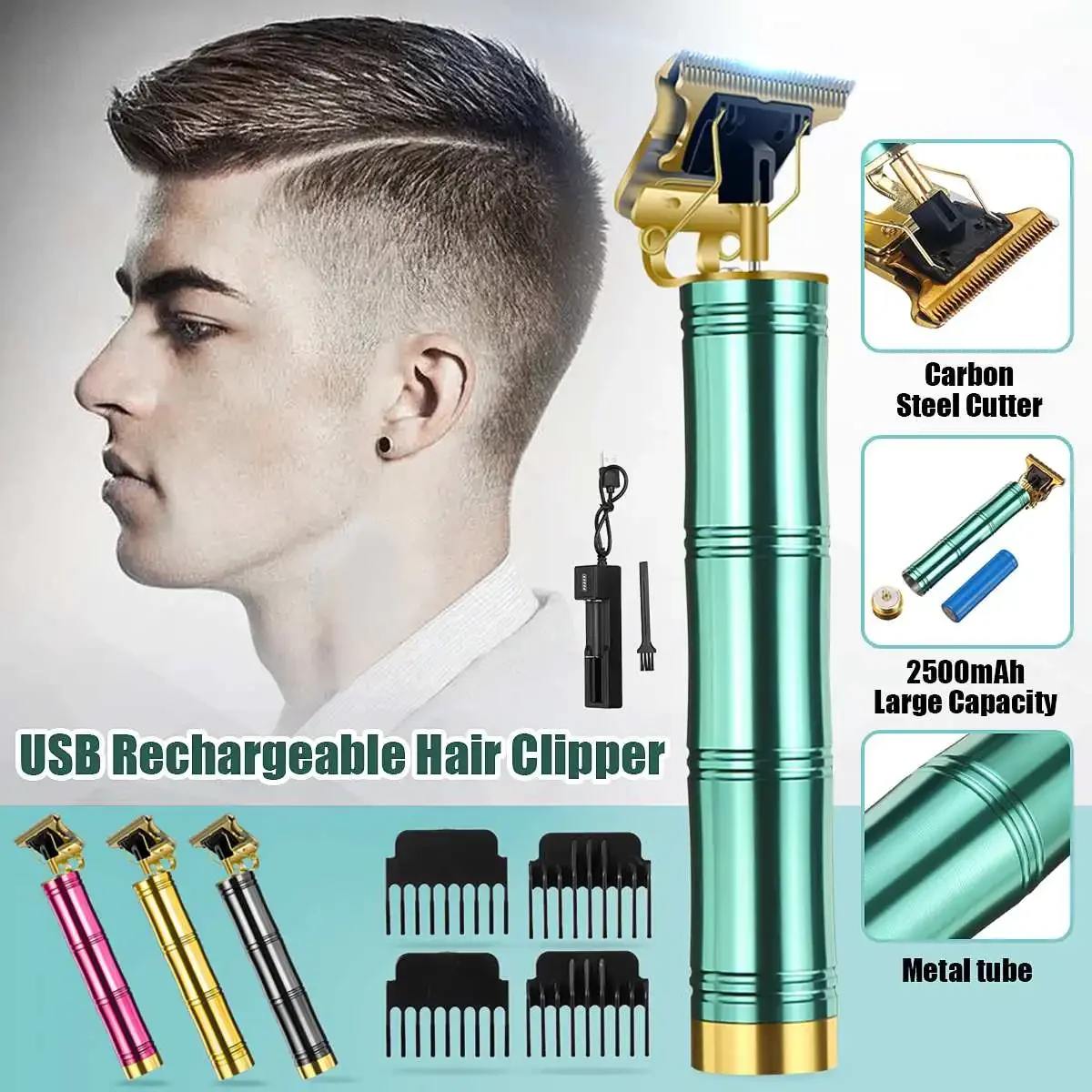 Cortadora de pelo eléctrica inalámbrica USB para hombres, máquina de corte de pelo de barbero, juego de cortadora de cuchillas en T