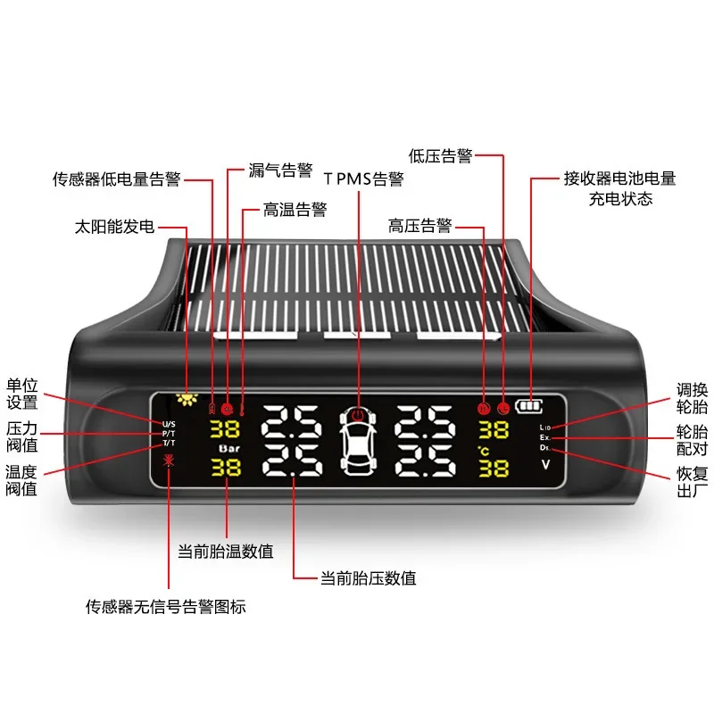 Voice broadcast Q5 external car solar wireless tire pressure and temperature monitoring system TPMS car tire color screen