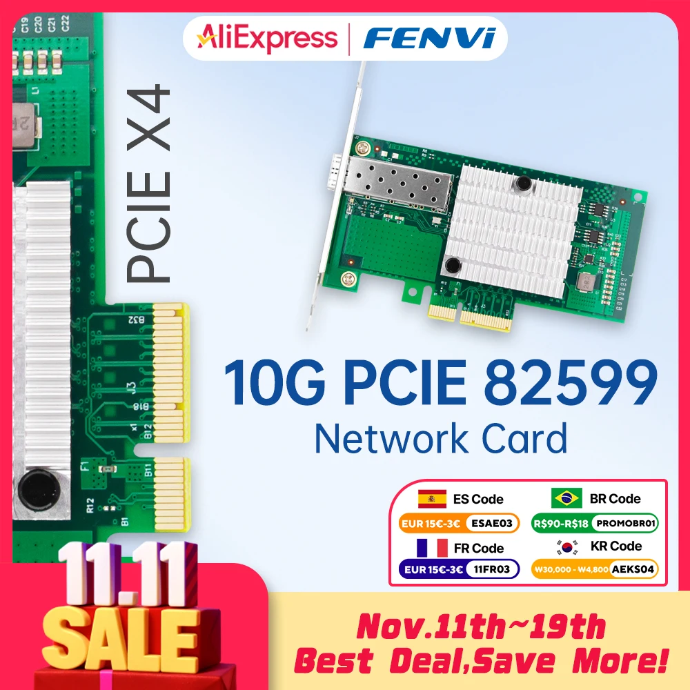 

Карта сетевого адаптера fenvi 10G SFP+ PCIe X4 с одним портом для Intel 82599EN X520-DA1, совместимая с Linux, Windows 7/8/10 серверов