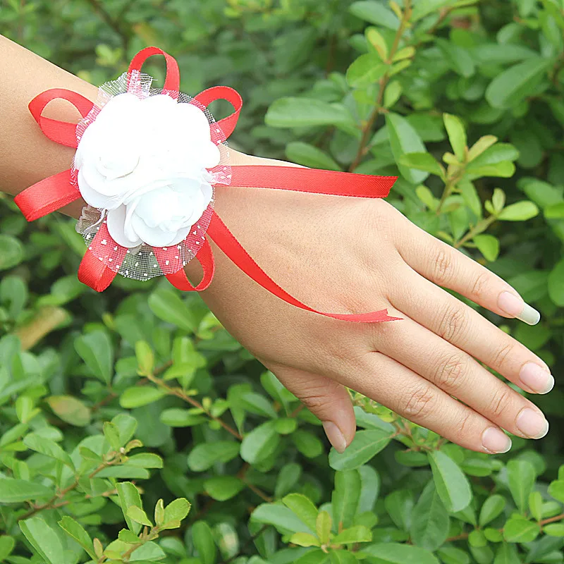 One Piece Dropshipping Multicolor Optional Ribbon Flower Wrap Yarn Bridal Wrist Flower Wedding Wrist Flower