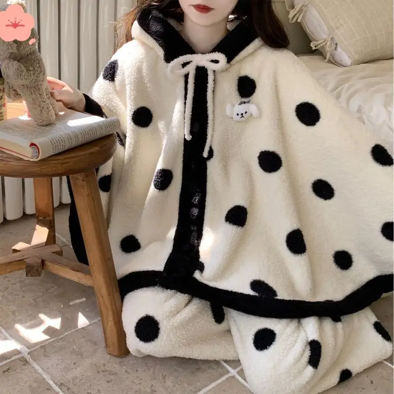 بيجامة نسائية نصف كومة مجموعة خريف وشتاء شال بناتي ملابس نوم عباءة بدلة بيجامة مبطنة بالصوف ملابس منزلية من الصوف المرجاني #5