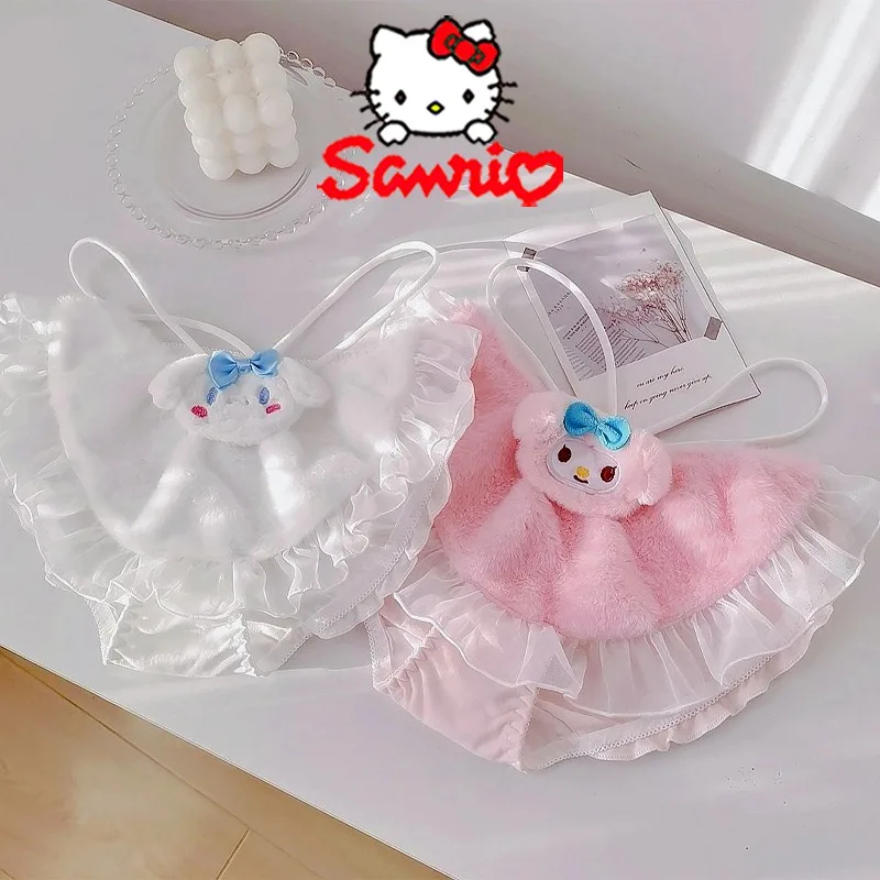 

Sanrio Melody Cinnamoroll Women's Plush Panties Cartoon Girls Low Waisted Lace Trimmed Sexy Triangle Pants Soft Cute Underwear