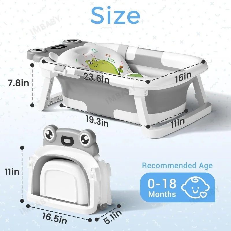 Foldable Portable Infant Shower Basin with Smart Temperature Display, Cushion & Drain Plug Non-Slip Base & Design for Newborn