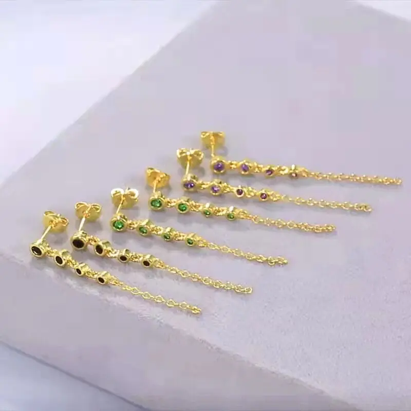 925 Sterling Silver Needle Colorful Crystal Round Stud Earrings For Women Exquisite Long Chain Pendant Earrings Luxury Jewelry - Image 2
