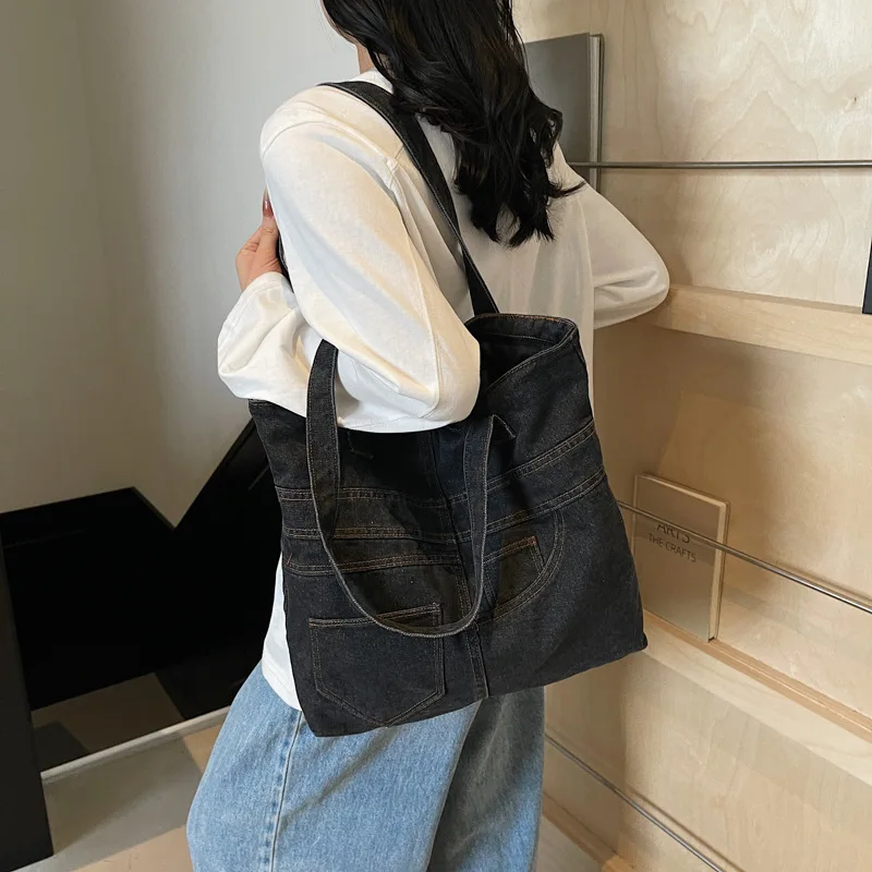 

2025 Denim Tote Bag Women's Large Capacity Casual Shoulder Purse Minimalist Student Backpack for Work Commute & School