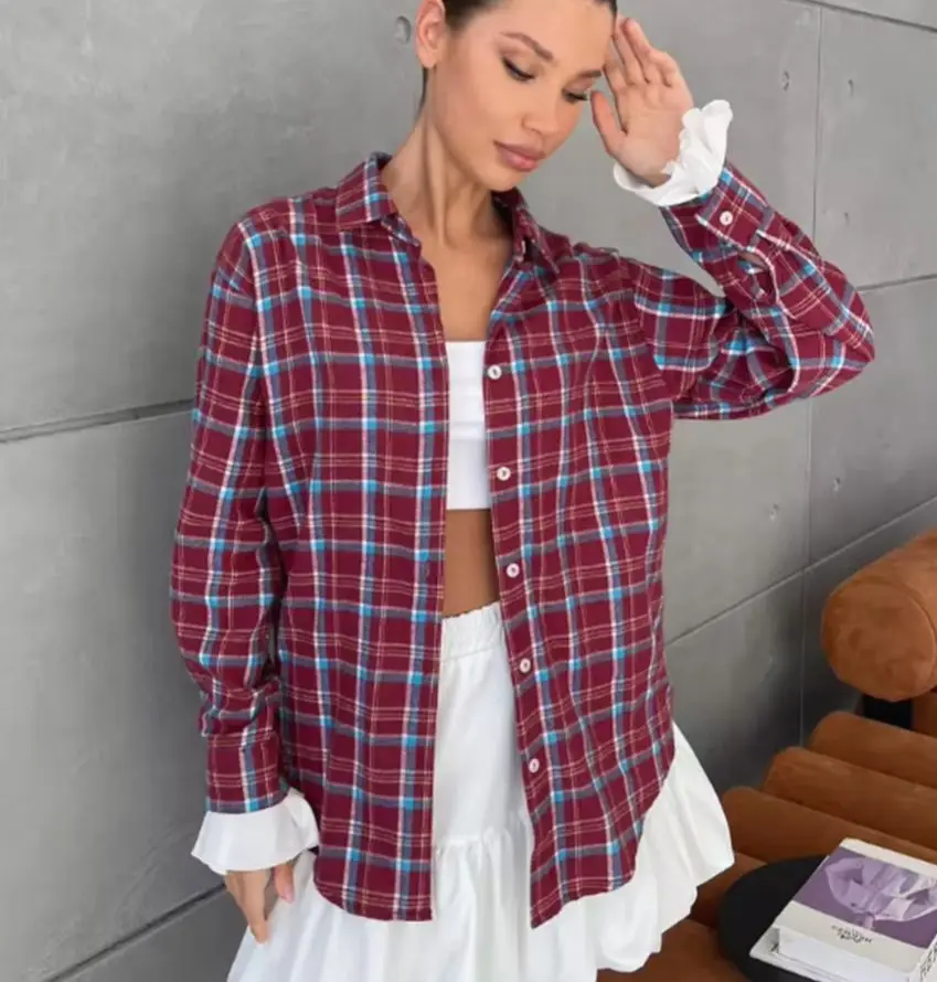 

WXOY Women Plaid Button Down Shirt Long Sleeve Relaxed Fit Layered Ruffle Cuff Casual Cotton Style Daily City Wear