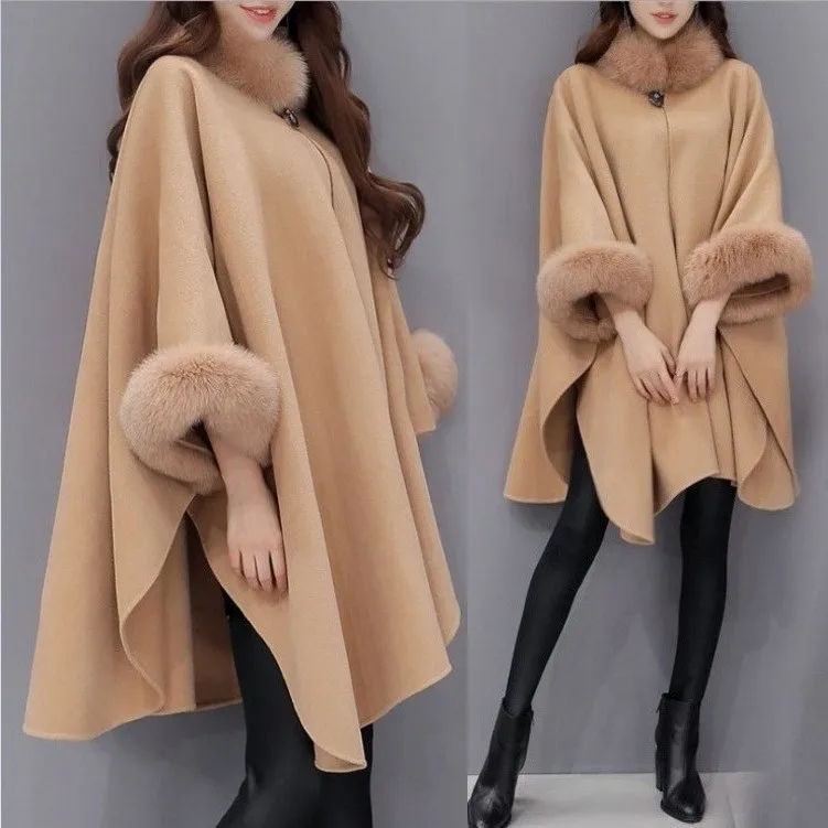 Elegante Vrouwen Winterjassen Batwing Donzige Mouw Cape Jasje Dame Wollen Jas Cape Vossenbont Kraag Warme Poncho 'S Feminino