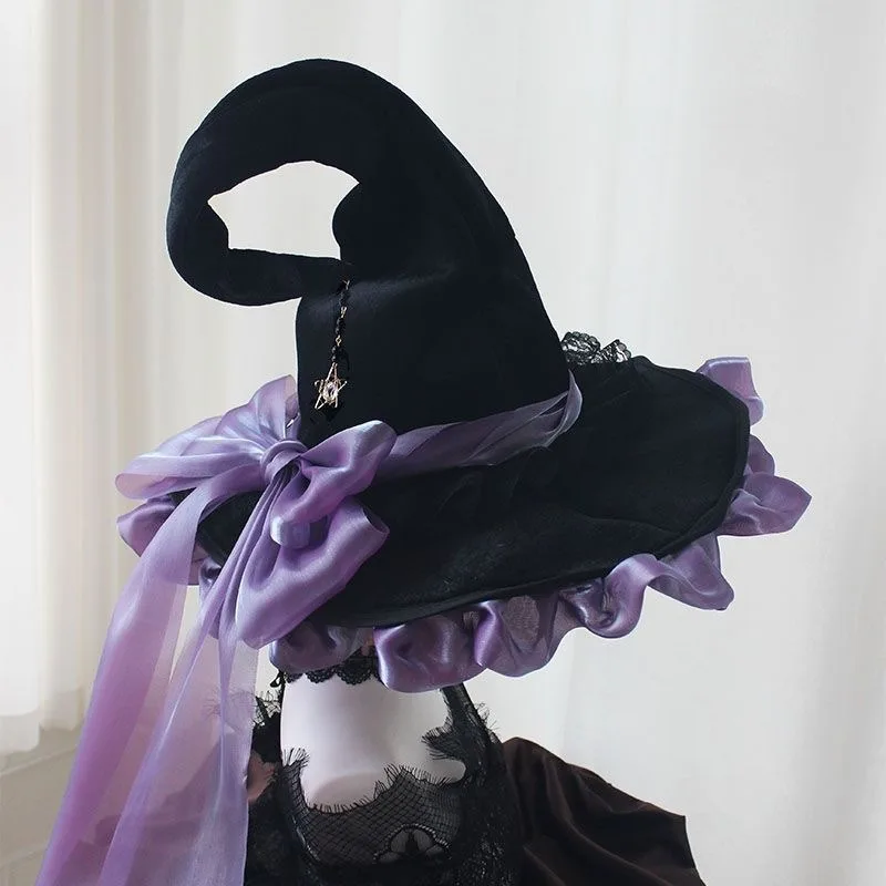 Halloween Party Magic Witch Hat Costume Handmade Gothic Dark Black and Purple Bow Lolita Wide-Brim Witch Hat Anime Accessory