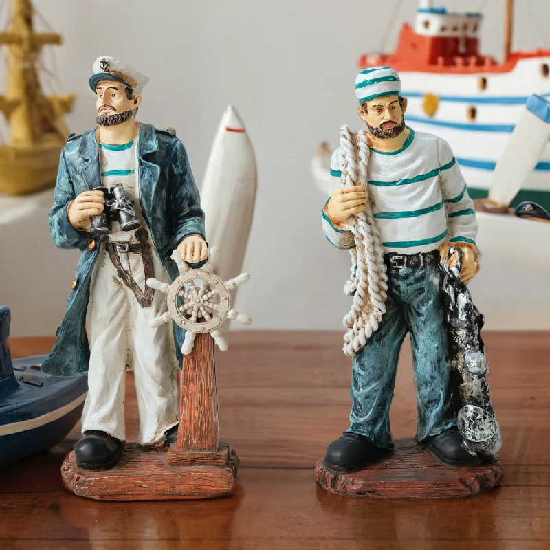 Retro Mediterranean Resin Captain Sailor Figurines Creative Ocean Style Desktop Crafts Ornaments Bar Cafe Window Display Props