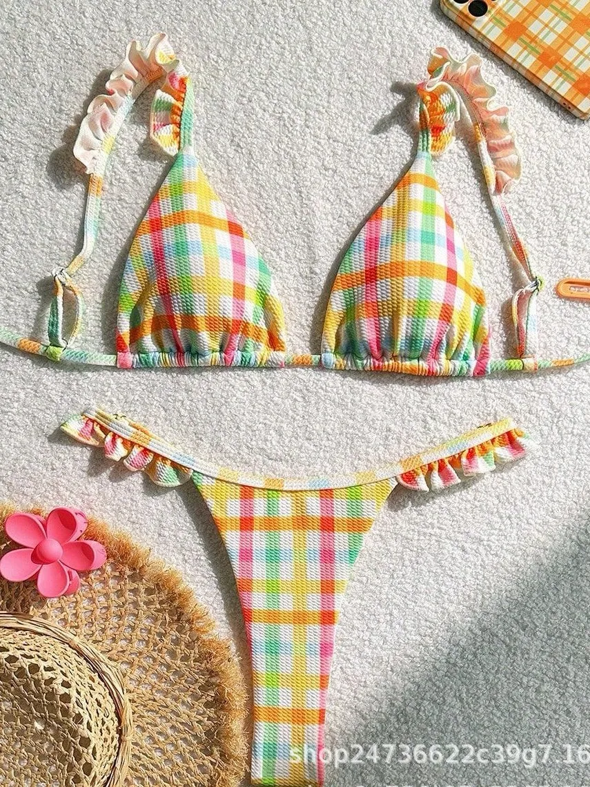 2025 Summer Sexy Bikini Set Women's Floral Lace Grid Tie Side Swimsuit Beach Two Piece Bathing Suit Push Up High Waisted Suit