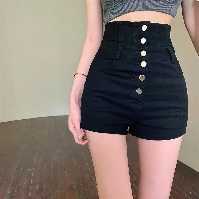 Sexy High Waist A-Line Denim Shorts Women's Slim Fit Single Button Hot Pants Summer Casual Cool Feeling Ladies Jeans Shorts