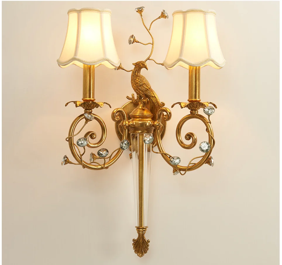 European Copper Crystal Wall Light W35cm H64cm Double Heads Wall Sconces Wall Brackets Light for bedroom living Room Wall Lamp
