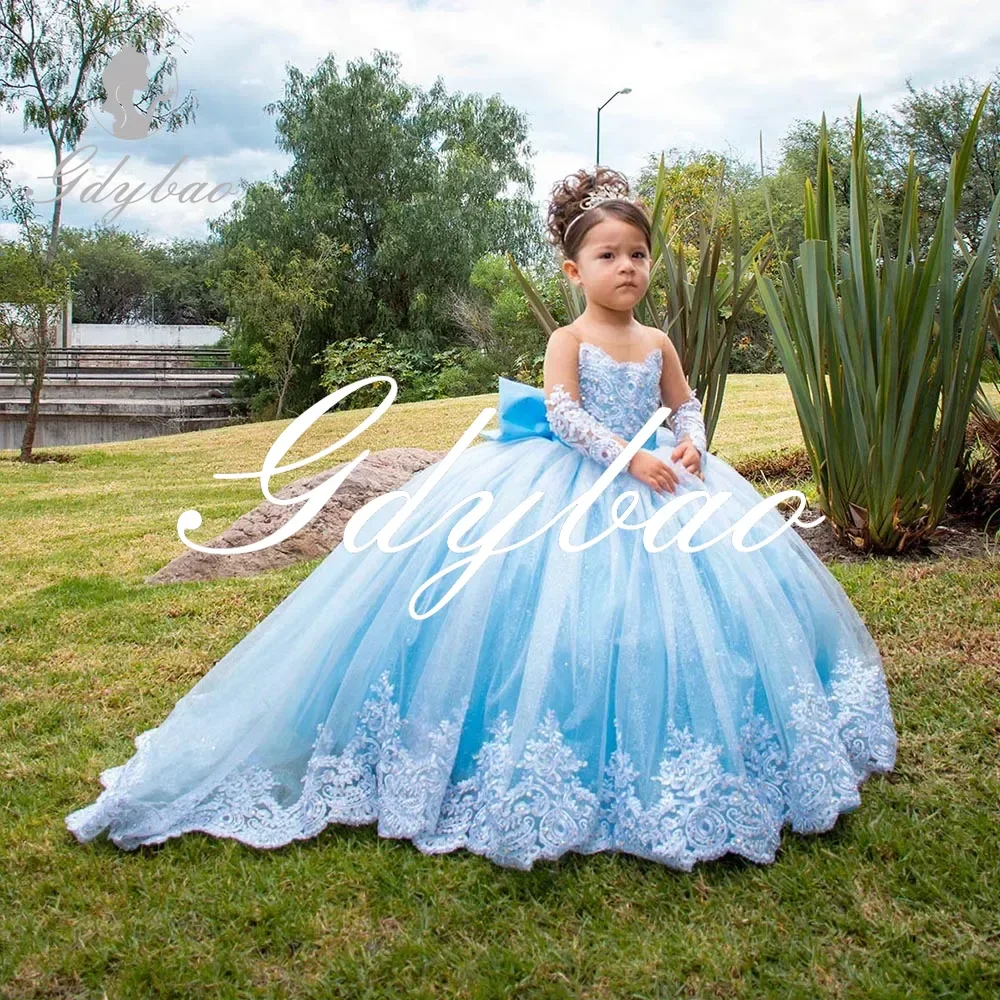 Himmelblaue Blumen mädchen kleider Kleinkinder Spitze Tüll Prinzessin Festzug Kleid funkelnde Langarm Kommunion Hochzeits feier Ballkleid