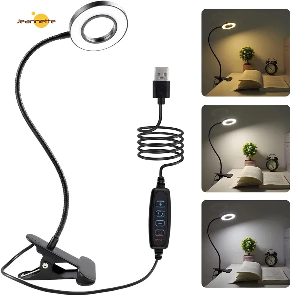 

LED Desk Lamp with Clamp Dimmable Clip on Reading Book Light 10 Brightness Level 3 Lighting Modes Flexible Study USB Table Lamp