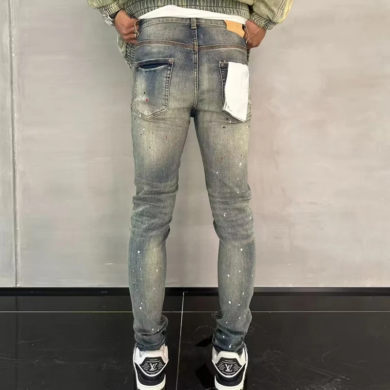 Latest designer fashion new men\'s jeans retro blue stretch slim fit painted jeans high street hip-hop brand high-quality pants h