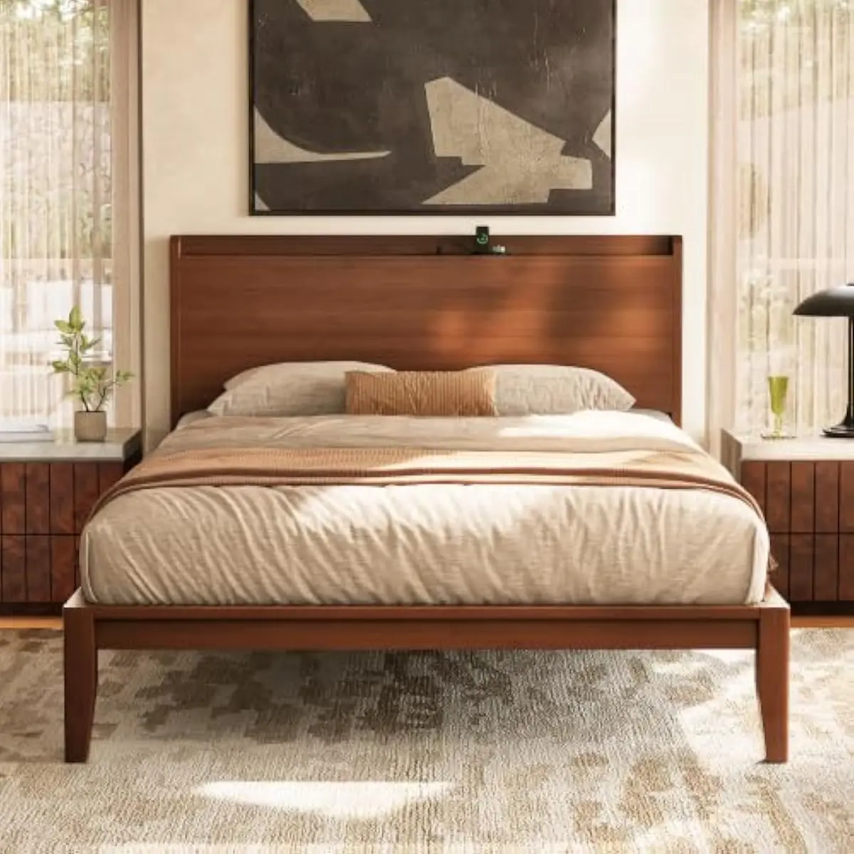 Bamboo Wood Full Bed Frame with Integrated Charging Hub Featuring Dual AC Outlets USB Port and Type-C Connector Mid-Century Mode