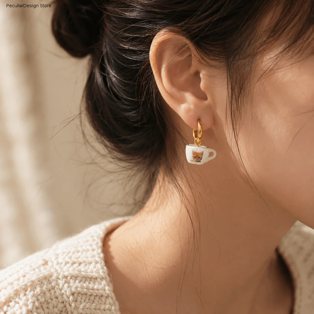 Dripping Oil Ginger Cat Pattern Hoop Earrings Cute Stainless Steel Plate Teacup Tea Pot Ear Buckle Y2K Sweet Porcelain Earrings