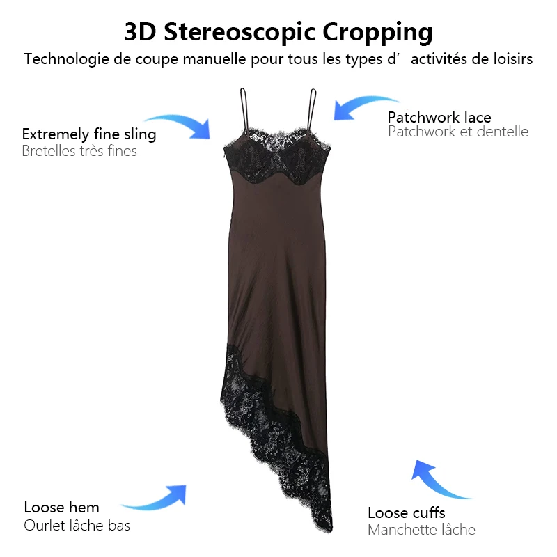 Robe asymétrique en satin et dentelle, bordure en dentelle noire sur le décolleté et l'ourlet, couture exquise, nouvelle collection hiver 2025.