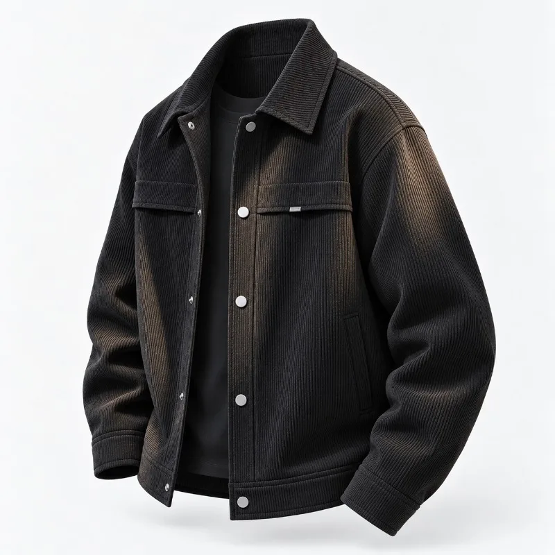 Men's Corduroy Overshirt Snap Button Front Dual Flap Chest Pockets Turn Down Collar Long Sleeve Regular Fit Casual Jacket