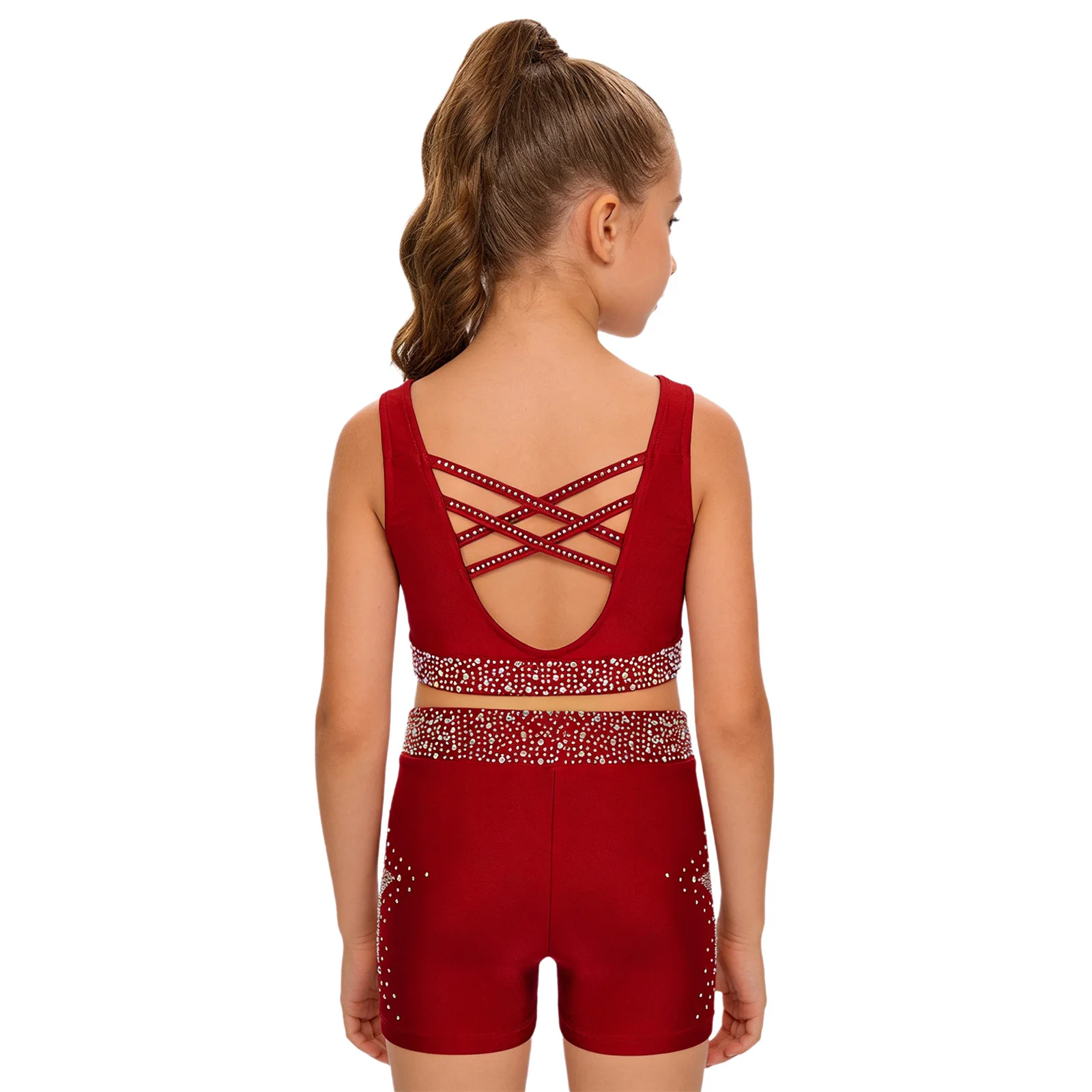 Kids Girls Shiny Rhinestones Ballet Dance Gymnastic Outfit U Neck Crisscross Back Cropped Vest with Shorts for Workout Acrobatic