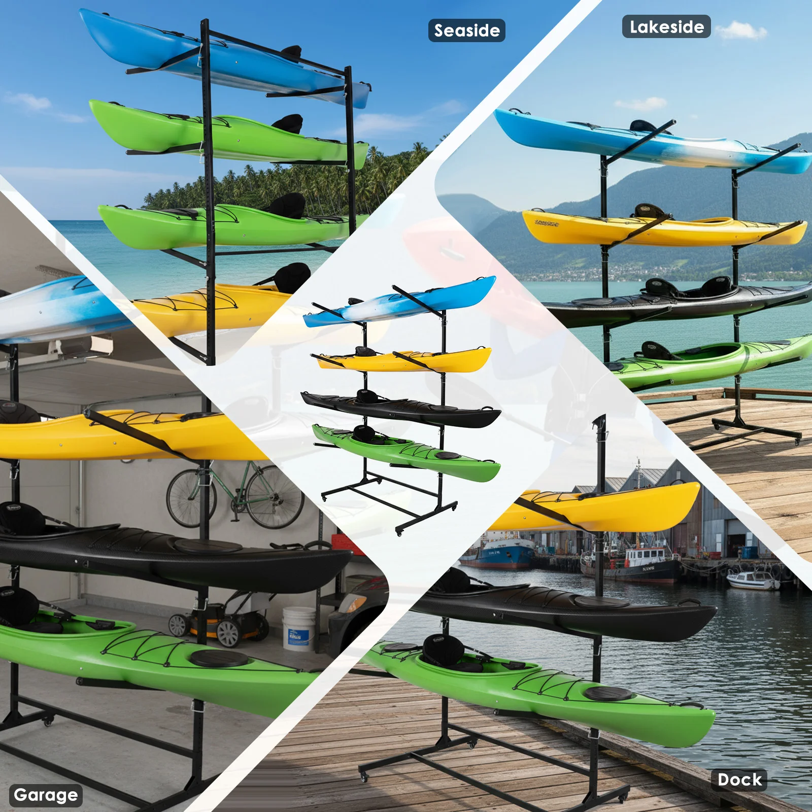 4-Tier Kayaks Storage Rack Adjustable Arms and Paddle Holders Metal Kayak Racks 400lbs Reinforced for Garage Dock Or Seaside Use