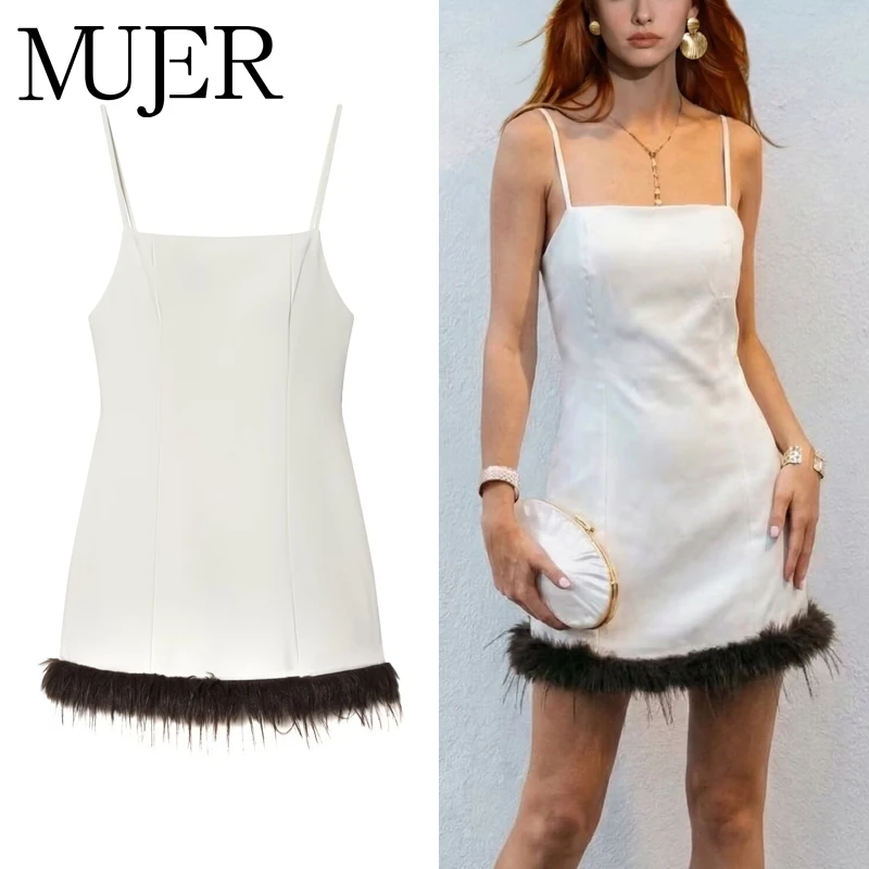 MUJER Feder-Slip-Minikleid für Damen, sexy rückenfrei, Partykleider für Damen, Patchwork, ärmellos, Damenkleid, Träger-Nachtkleider