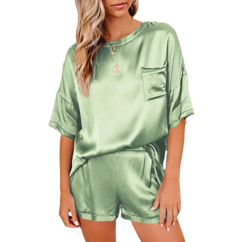 Women's New Solid Color Imitation Silk Sleepwear Short Sleeved Shorts Irregular Two-piece Set Solid Color Home Set