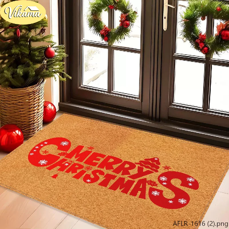 VIKAMA Coconut Look Christmas Rug Merry Christmas Lettered Non Slip Indoor Outdoor Entry Mat Cozy Festive Christmas Home Decor