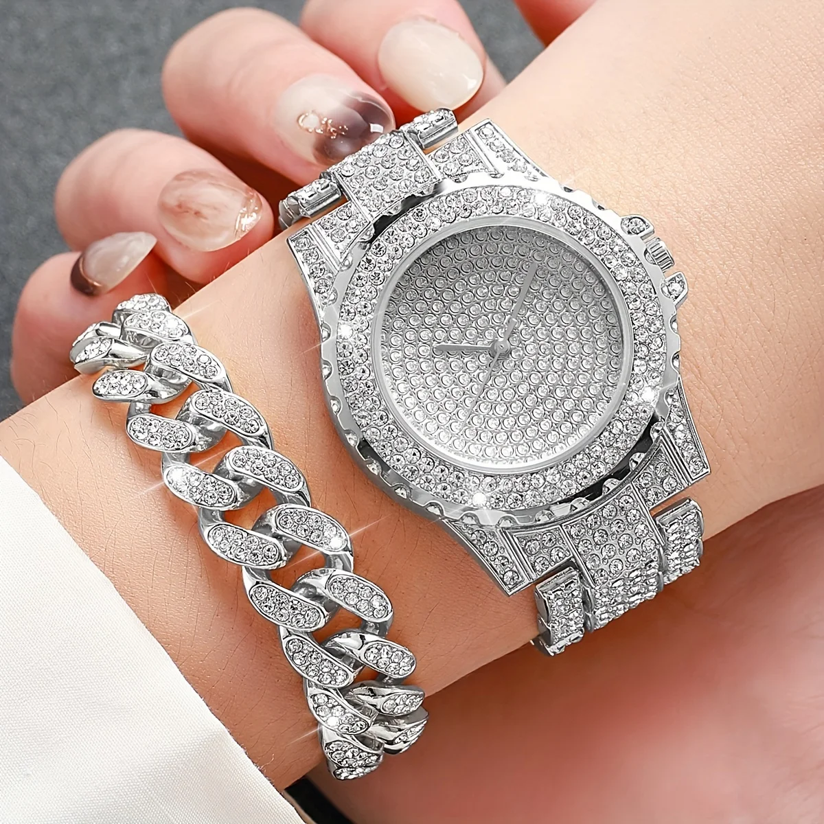 ชุดสร้อยข้อมือควอทซ์พลอยเทียม2ชิ้น-สแตนเลสเก๋ไก๋และหรูหราเหนือกาลเวลา-คริสตัลเต็มรูปแบบ