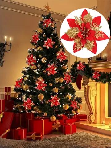 5/10pcs 14.5cm Christmas Flower Ornaments,Pink,Red,Gold,Glitter Artifical Flowers For Christmas Tree,Xmas Decoration For Home