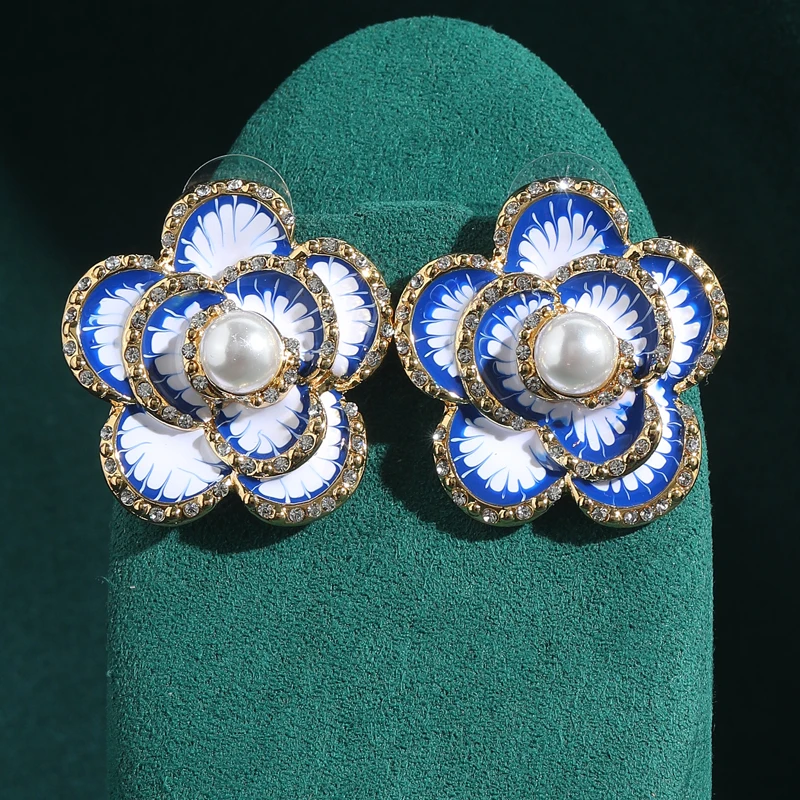 

Vintage Blue And White Enamel Flower Earrings For Woman Antique Gold Color Trendy Art Deco Jewelry Brand High Quality Gift Party