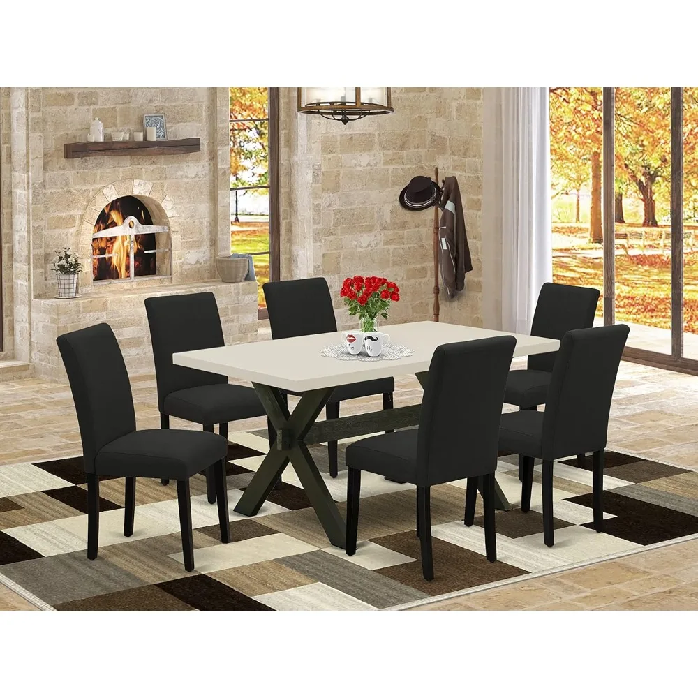 

Dining Tables, 7 Piece Set Consist of A Rectangle Dining Room Table with X-Legs and 6 Black Color Linen Fabric, Dining Tables