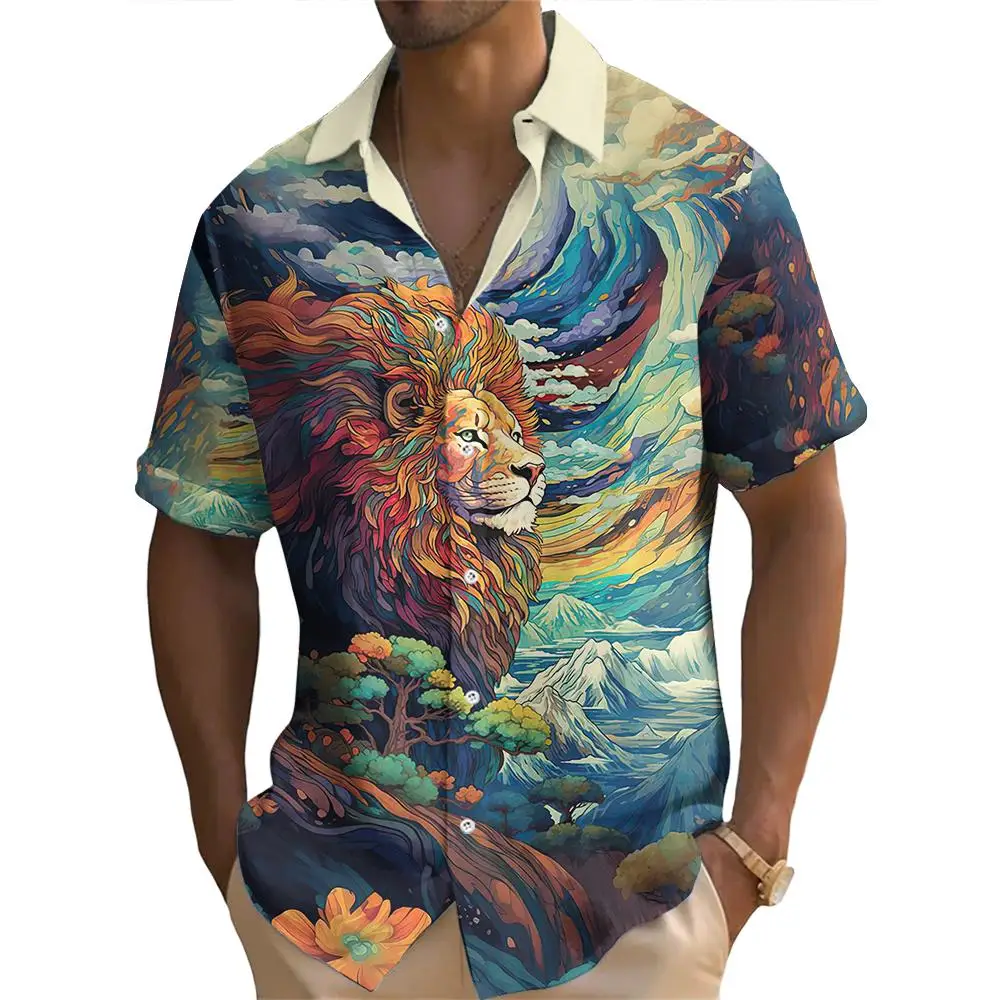 Summer Fashion Cartoon Mythical Animal Lion Tiger Wolf Print Men\'s Short Sleeve Casual Printed Tops Vacation Travel Oversized